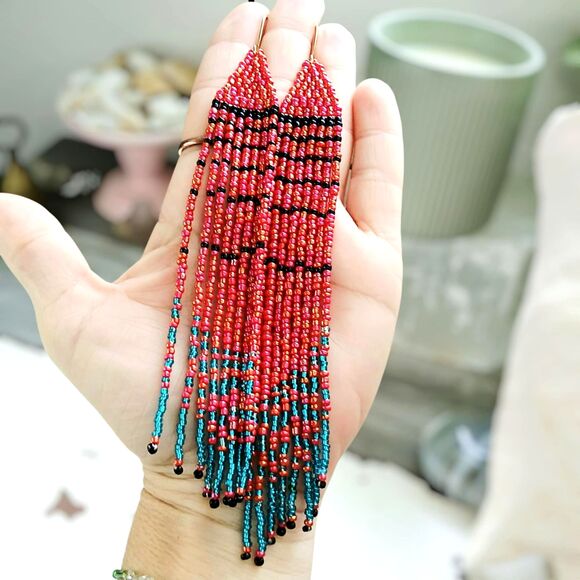 Long Beaded Fringe Dangle Earrings, Seed Bead Boho Chic Statement Jewelry - Picture 1 of 6